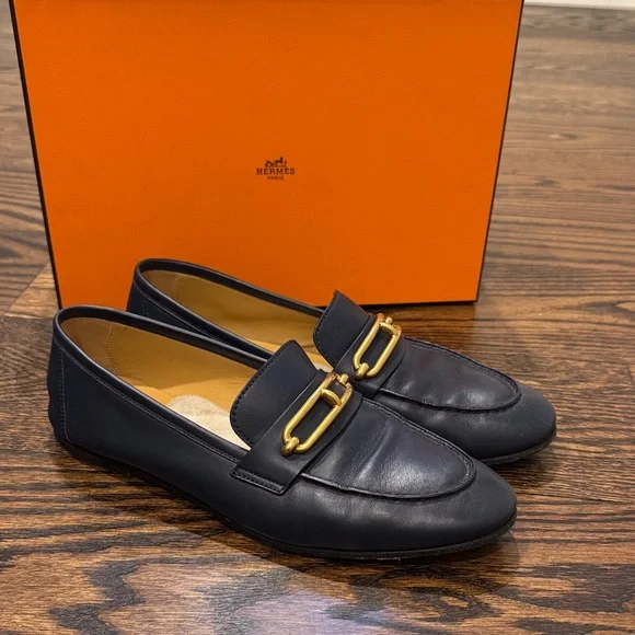 Hermes Colette Navy Blue Loafers with Gold Accent - Picture 2 of 11